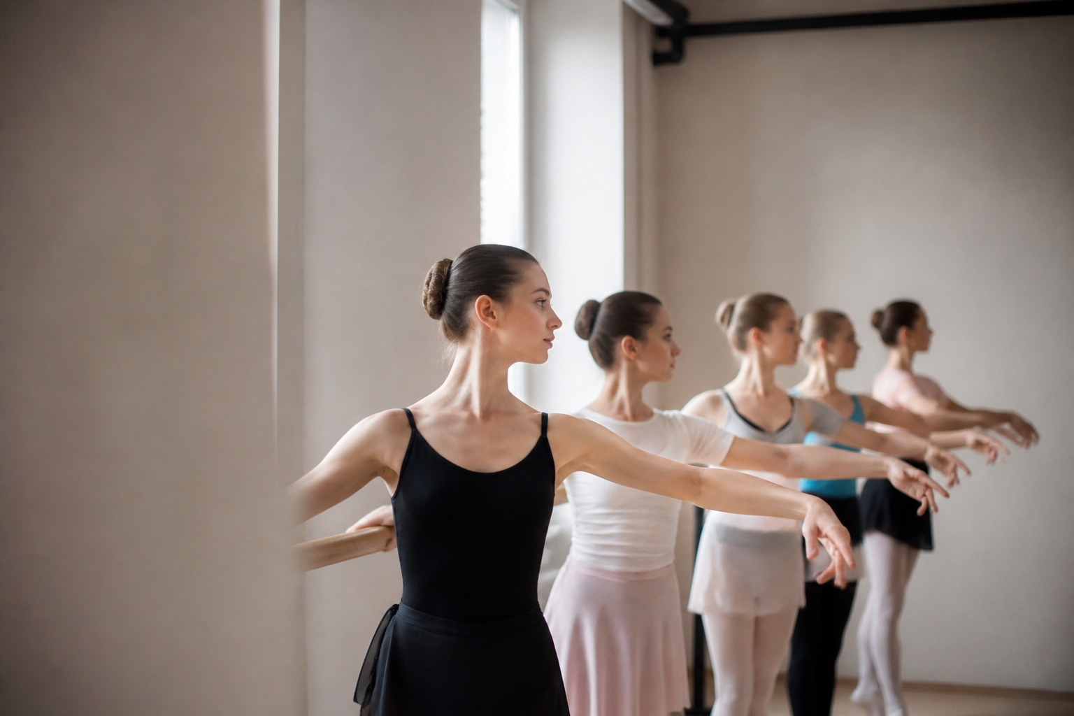 Groupe d'enfants en tenue de danse align&eacute;s &agrave; la barre, vus de dos, dans une salle claire au parquet en bois.